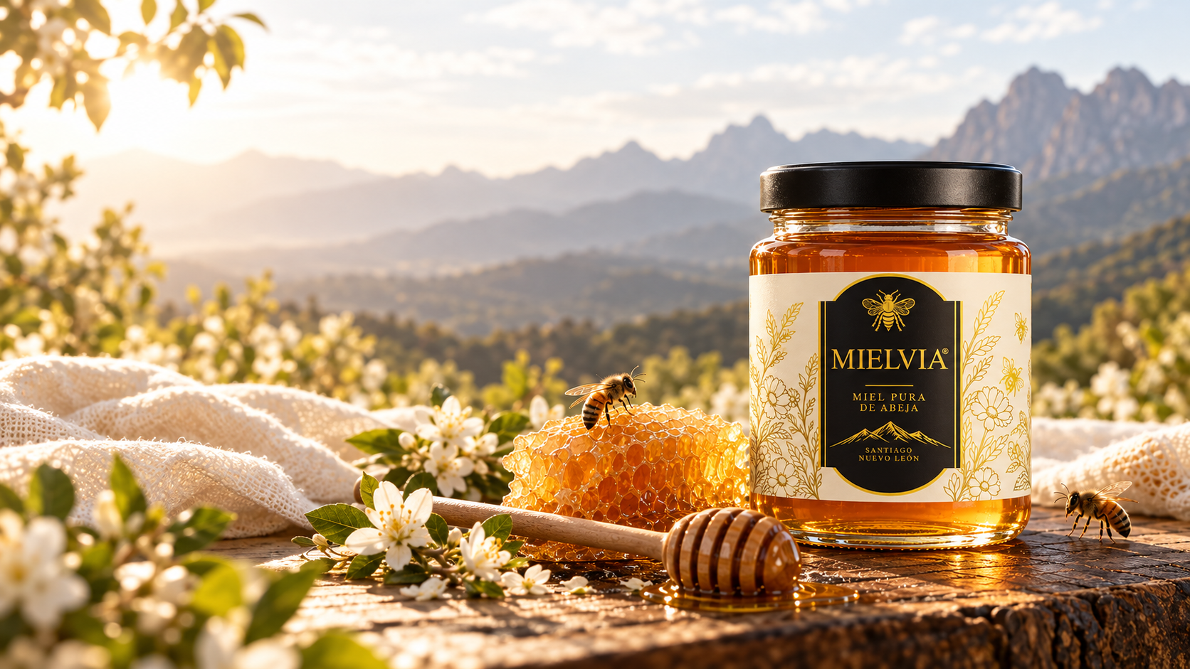 Miel Mielvia con etiqueta marfil, negra y dorada, junto a un panal, abejas y madera frente a la sierra